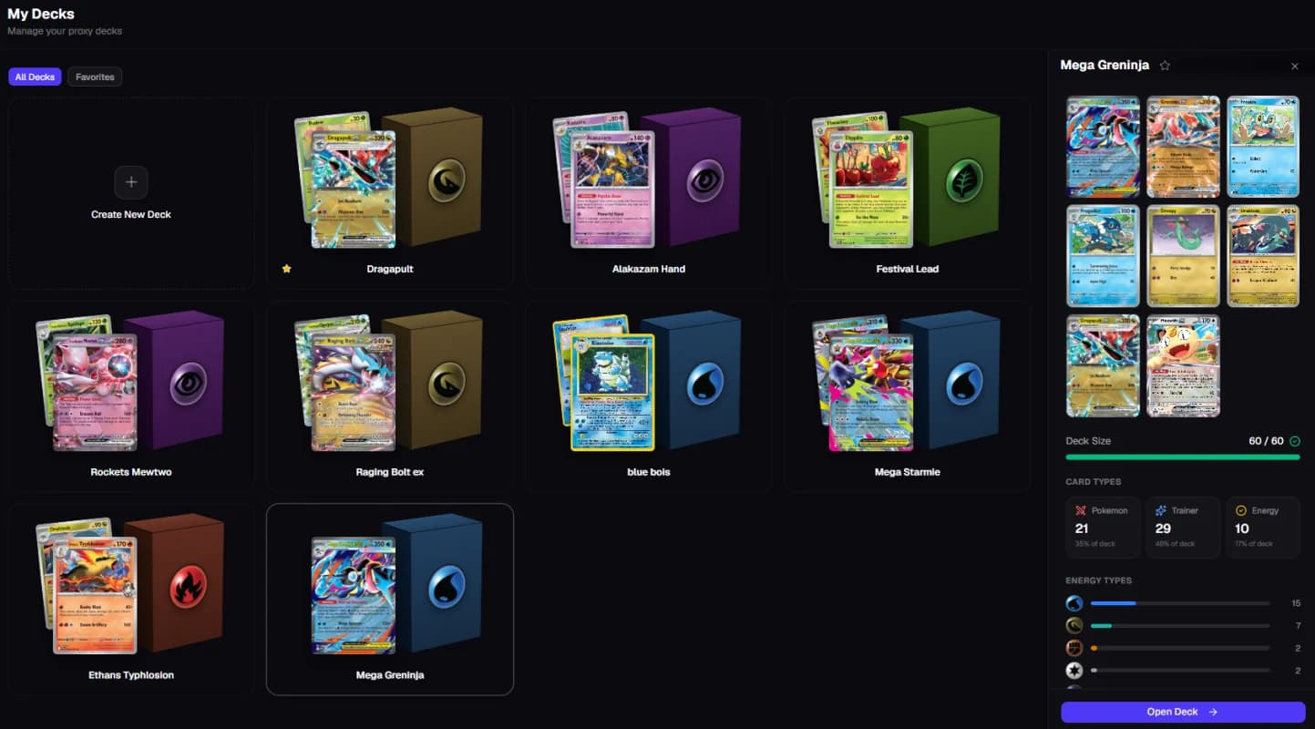 My Decks page with deck management and analytics